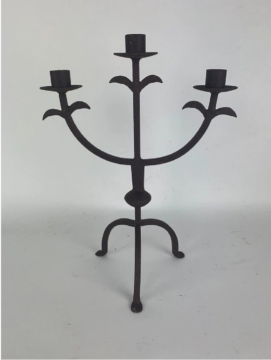 3 Arm Iron Rust Colored Candelabra.  10.25 x 5.5 x 14" H