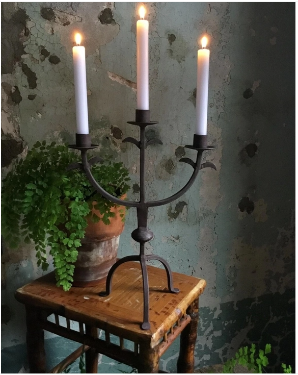 3 Arm Iron Rust Colored Candelabra.  10.25 x 5.5 x 14" H