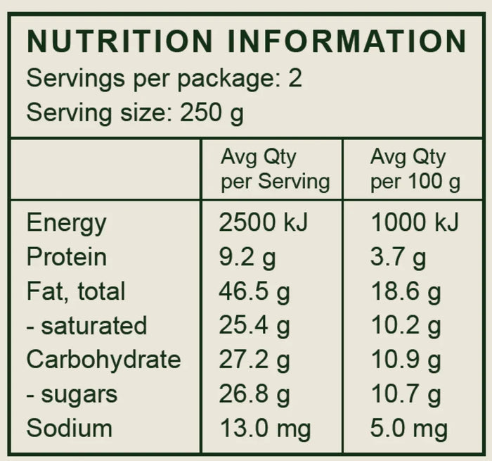 Nutrition facts label showing energy, protein, fat, carbs, sugars, and sodium per serving for organic meals
