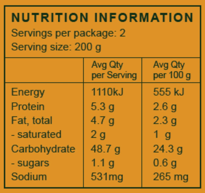 Nutrition information label for organic ready meal, showing energy, protein, carbs, fat, and sodium per serving