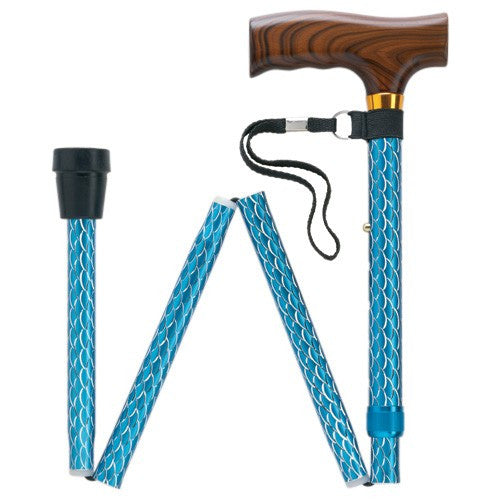 Etched Folding Aluminum Cane - Wood Handle