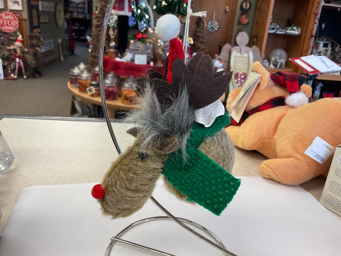 FABRIC MOOSE ORNAMENT with HAT AND SCARF - RED/GREEN