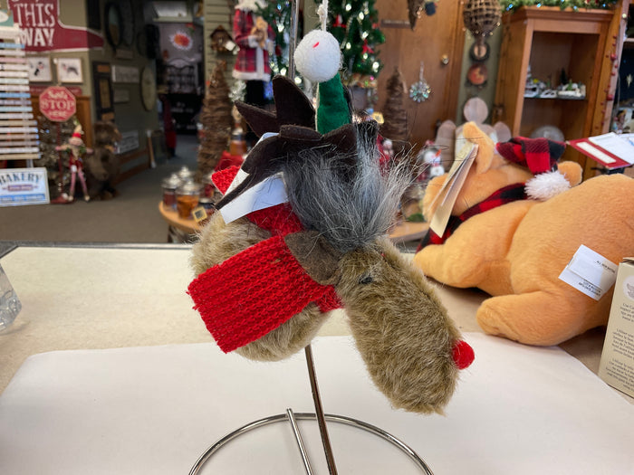 FABRIC MOOSE ORNAMENT with HAT AND SCARF - RED/GREEN