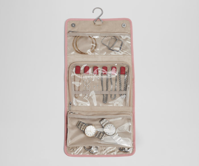 Unfolded Hanging Jewelry Oragnizer packed with jewelry and shown with the hook for easy hanging