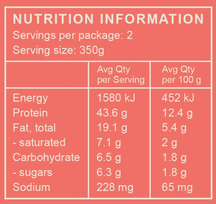 Nutrition label showing energy, protein, fat, carbs, sugars, and sodium per 350g serving for organic ready meal
