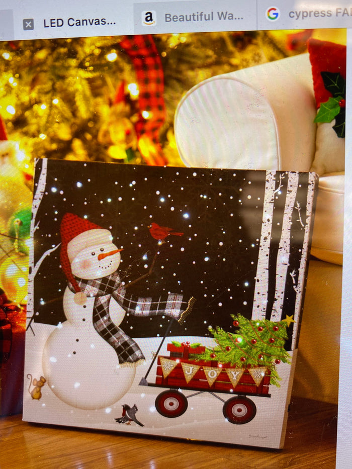 LED Canvas Wall Décor, 20"W x 20"H, Snowman with Red Wagon