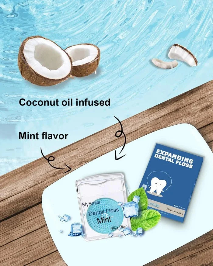 Coconut oil-infused mint dental floss next to a pool