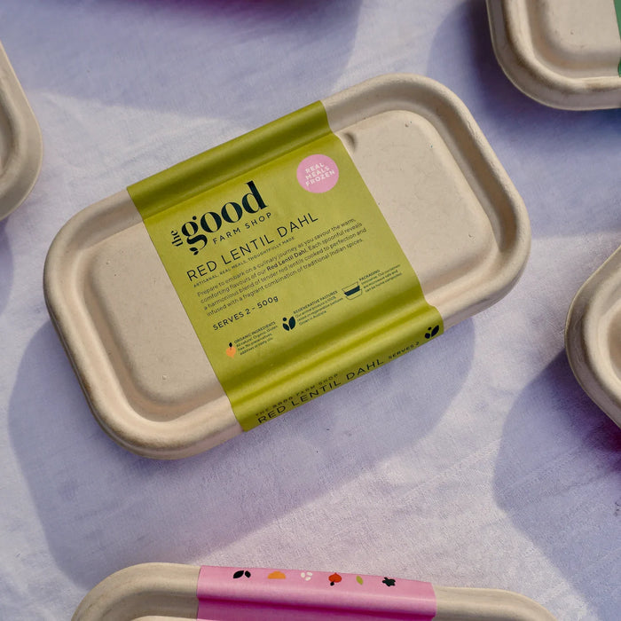 Red Lentil Dahl ready meal in eco packaging, organic, gluten-free, frozen, serves 2, pasture-raised ingredients