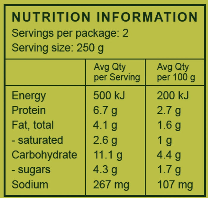 Nutrition label showing energy, protein, fat, carbs, sugars, sodium per 250g serving for organic ready meal