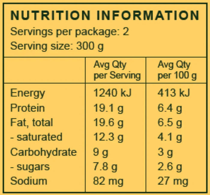Nutrition info for pasture-raised organic meal: 300g serving, 1240 kJ, 19.1g protein, low sugar, no preservatives