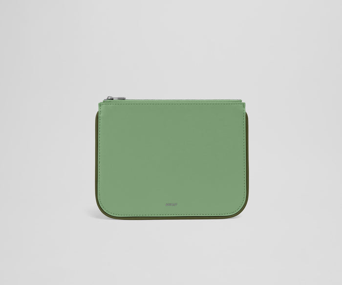 Front view of the small leather pouch with the Away logo