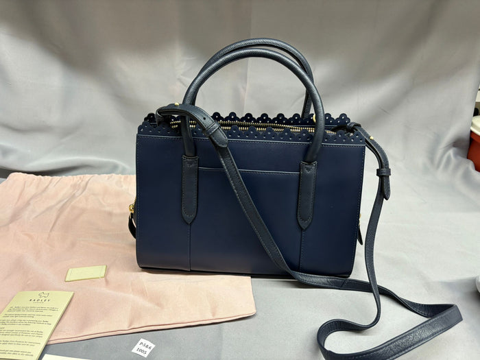 Radley Shoulder and Hand Bag Navy Blue Gold Metalwork Dustbag