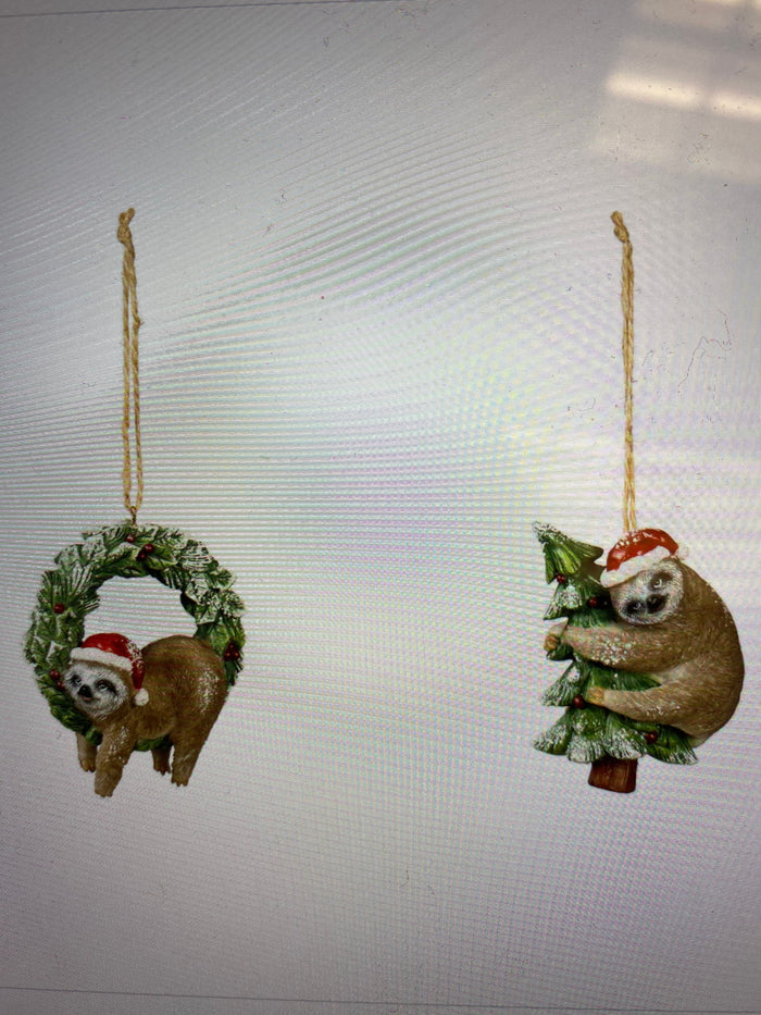 Resin Sloth with Santa Hat Ornament, 2 Asst