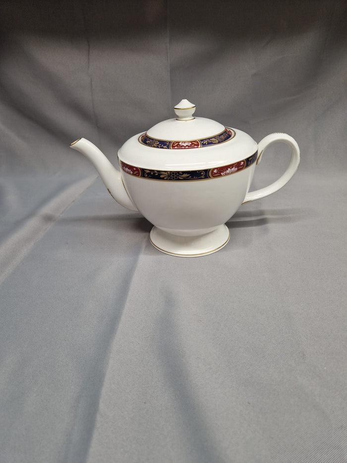 Royal Worcester White TeaPot - Prince Regent Blue & Red Printed Ceramic