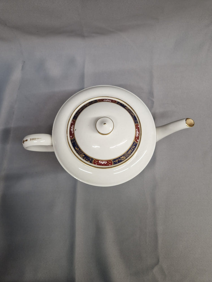 Royal Worcester White TeaPot - Prince Regent Blue & Red Printed Ceramic