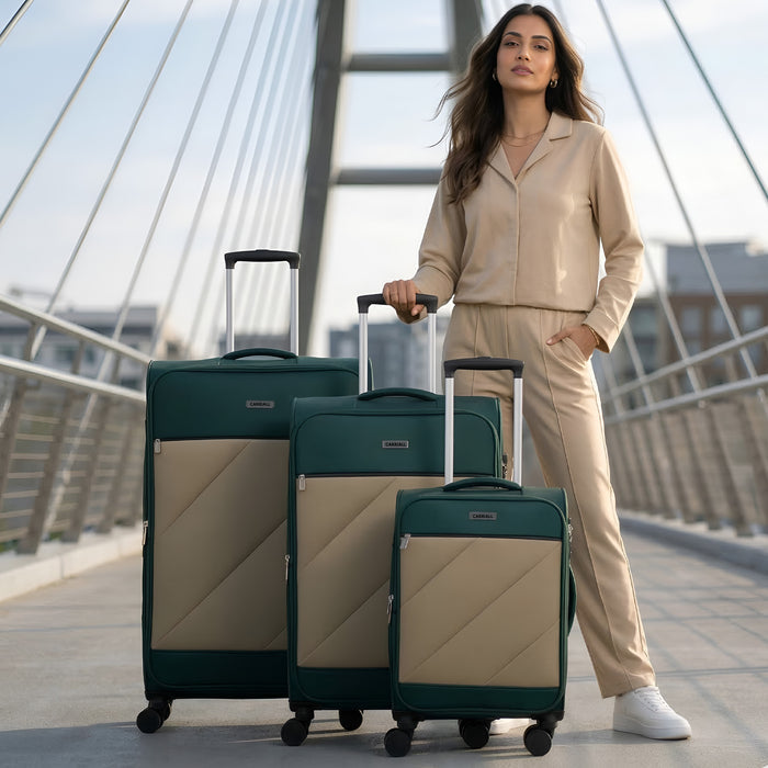 SLASH Luggage Set of 3, green wheeled baggage combo for long holidays by Carriall