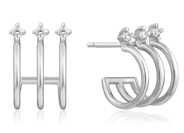TRIPLE MINI HOOP STUD EARRINGS - SILVER