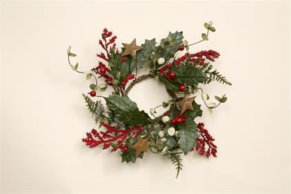 WREATH- Candle Ring WINTER GREENS & RUSTY STARS